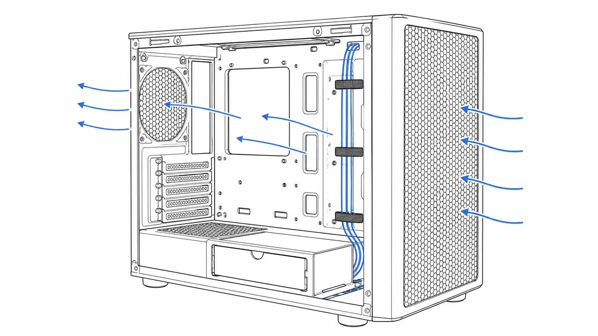 サイドパネルを外した小型PCケースのペン線画。前面のメッシュパネルから青い矢印で空気が入り、空のマザーボードトレイと配線ストラップの脇を通って背面のファン開口へ抜けていく